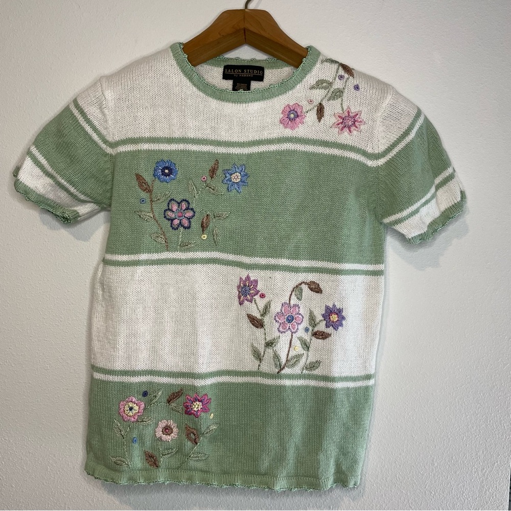 VTG 90s Salon Studio Embroidered Floral Green Boho Sweater Cottage core size S